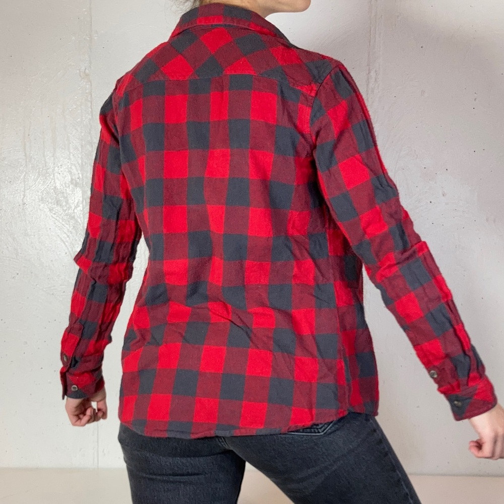 Red + Gray Buffalo Check Plaid Long Sleeve Flannel Collared Shirt - Picture 7 of 9